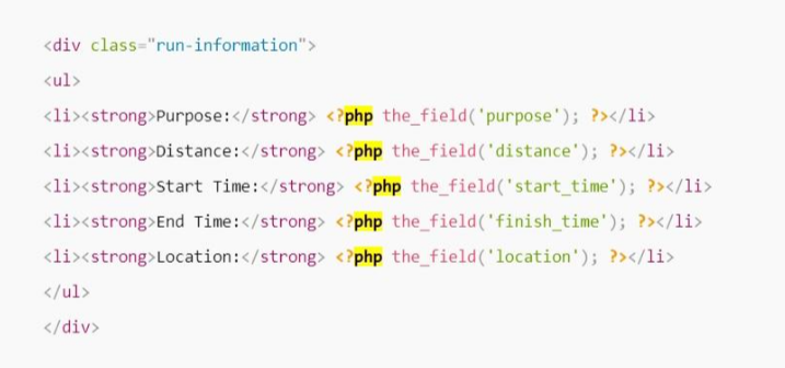 Extrait de code PHP illustrant comment afficher les champs avec Advanced Custom Fields (ACF)