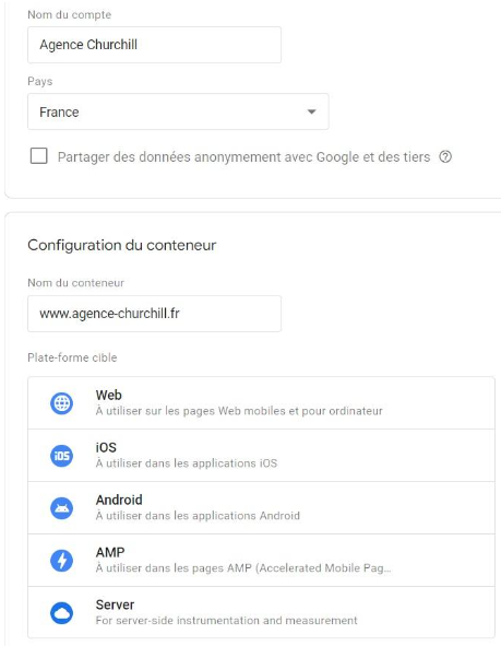 Capture d'écran du paramétrage de Google Tag Manager montrant la gestion des conteneurs sur un site web